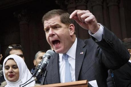 Boston, MA - 1/29/2017 - Boston Mayor Marty Walsh speaks at a protest against U.S. President Donald Trump's executive orders restricting immigrants from seven Muslim countries at Copley Square in Boston, MA, January 29, 2017. (Keith Bedford/Globe Staff)
